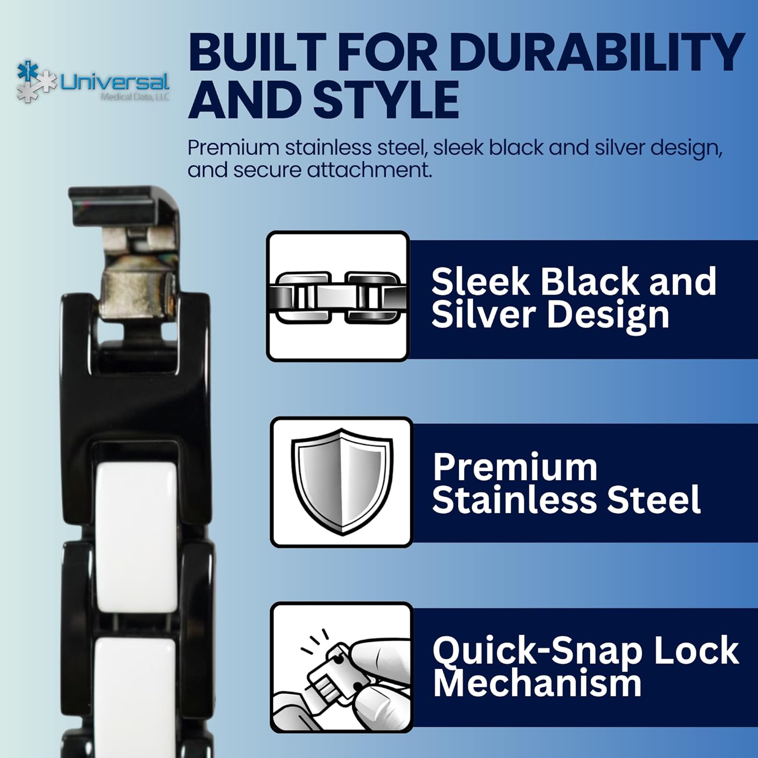 Tail Chain Extender (0.5"Length) Black & Silver Stainless Steel Medical ID Bracelet Clasp – Secure Engage, Snap & Lock Closure (0.55” x 0.39”) - Image 5