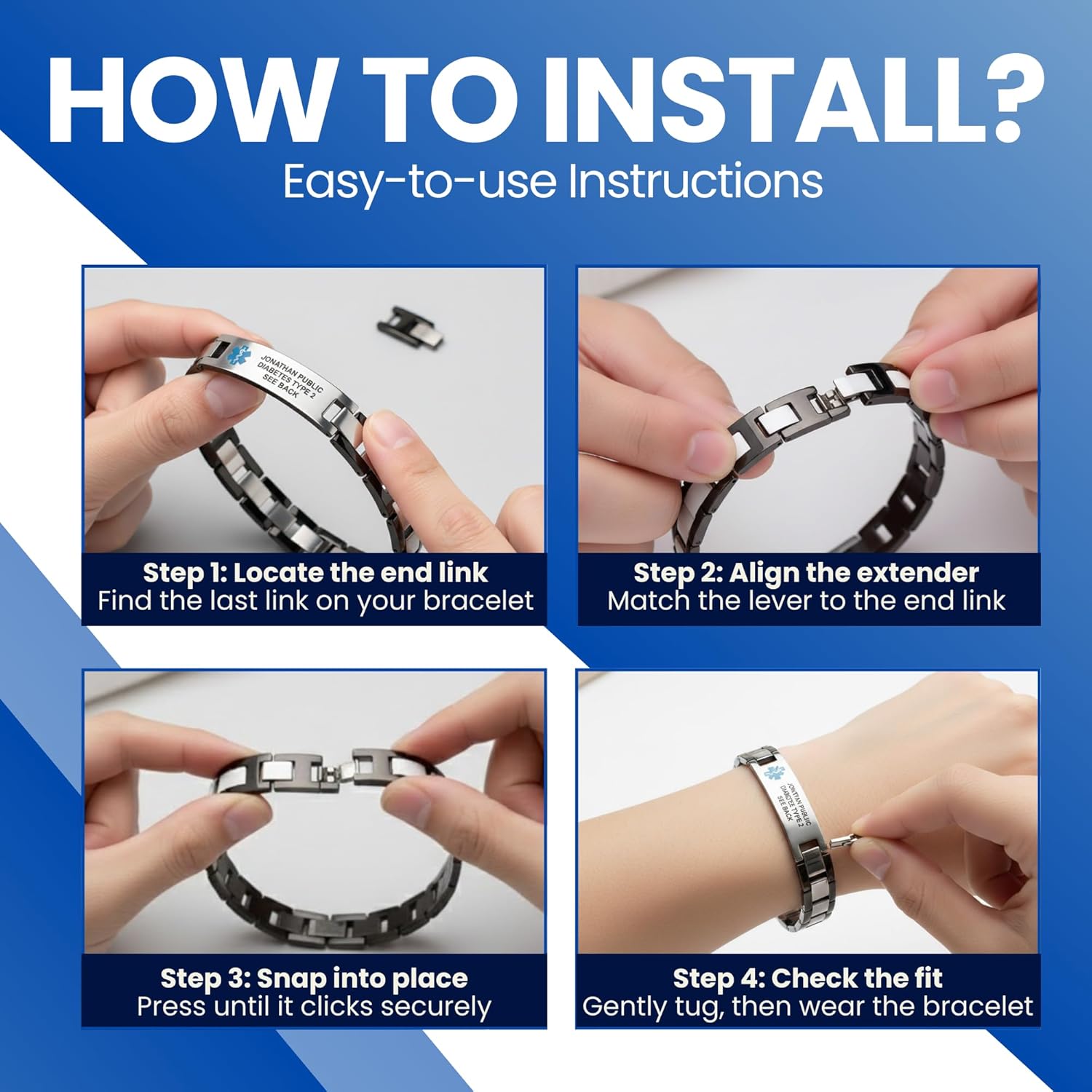 Tail Chain Extender (0.5"Length) Black & Silver Stainless Steel Medical ID Bracelet Clasp – Secure Engage, Snap & Lock Closure (0.55” x 0.39”) - Image 6