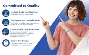 Woman wearing a Medic Band medical alert bracelet, highlighting medical-grade stainless steel, waterproof silicone, and customizable laser engraving for emergency medical identification.