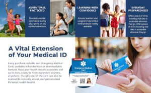 Autism Shoe Tag emergency medical shoe tag paired with included emergency medical card, showing how critical medical information remains accessible for school, travel, and everyday preparedness.