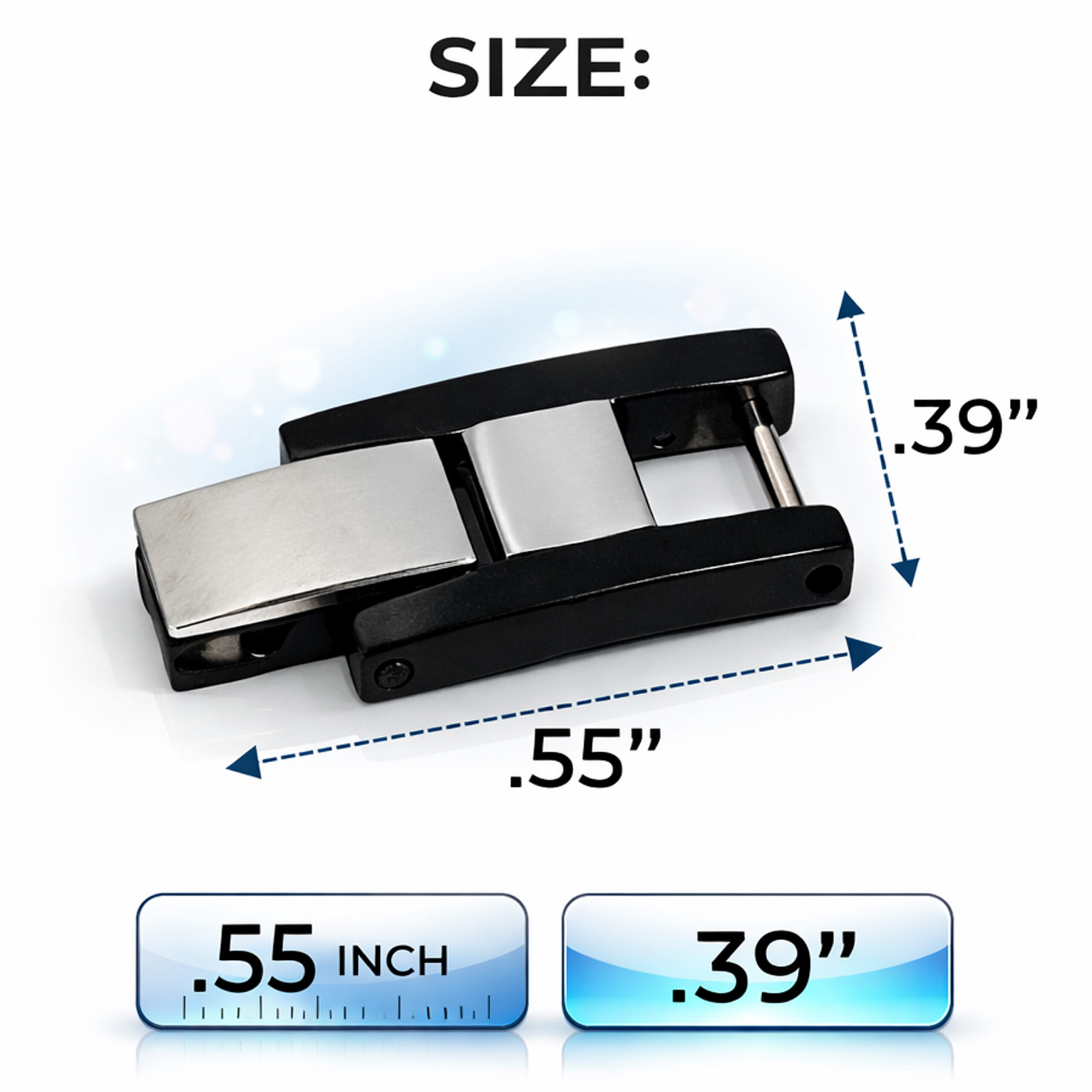 Black and silver metal clasp with labeled dimensions showing 0.55 inch length and 0.39 inch width