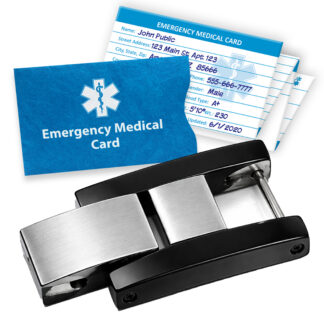 Emergency medical card with protective sleeve shown alongside a black and silver metal clasp
