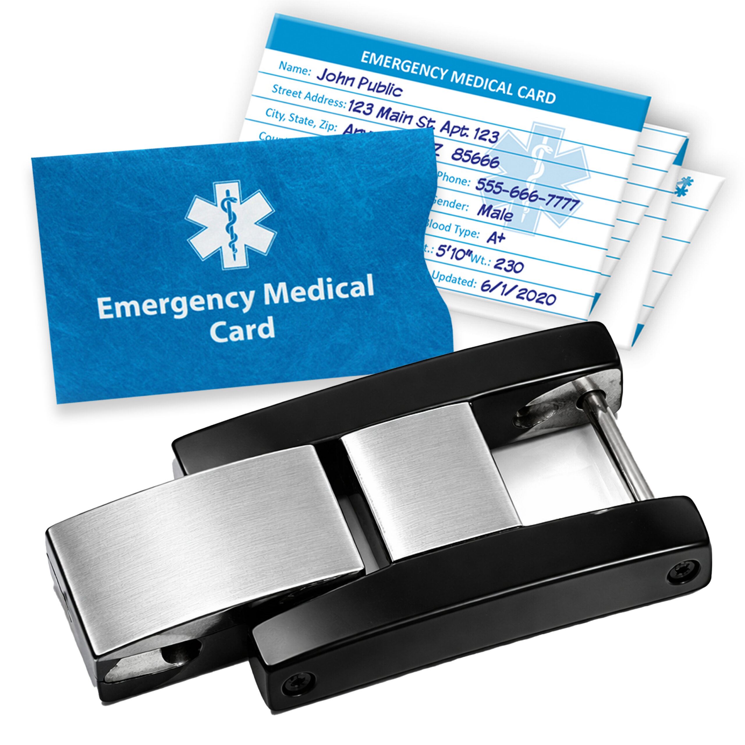 Emergency medical card with protective sleeve shown alongside a black and silver metal clasp