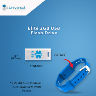 Elite 2GB USB flash drive with Star of Life medical symbol, designed to fit Elite Medical Alert bracelets with built-in pocket for emergency health data access.