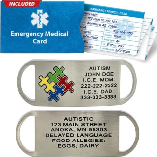 Autism medical alert shoe tag with color-filled puzzle piece and double-sided engraved medical ID, shown with included emergency medical card.