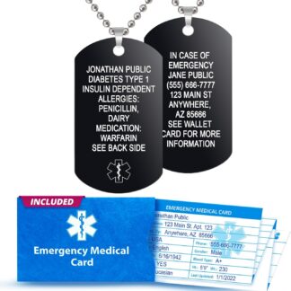 Custom engraved anodized aluminum medical alert dog tag pendant with high contrast white lettering, 9 lines front and back, stainless steel ball bead chain, includes emergency medical card and online registration option.