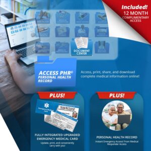 Personal Health Record PHR access included with custom engraved anodized aluminum medical alert dog tag necklace, 12 month complimentary access, emergency medical card integration.