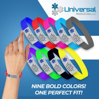 Nine-color Medic Band medical alert bracelets displayed on a wrist and in a fan layout, showing customizable medical ID engraving and vibrant color options for emergency medical identification.