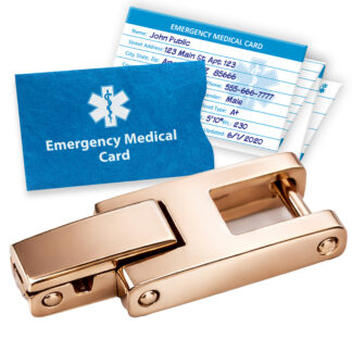 Emergency medical card with protective sleeve shown alongside a rose gold metal clasp
