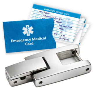Emergency medical card with protective sleeve shown alongside a silver metal clasp