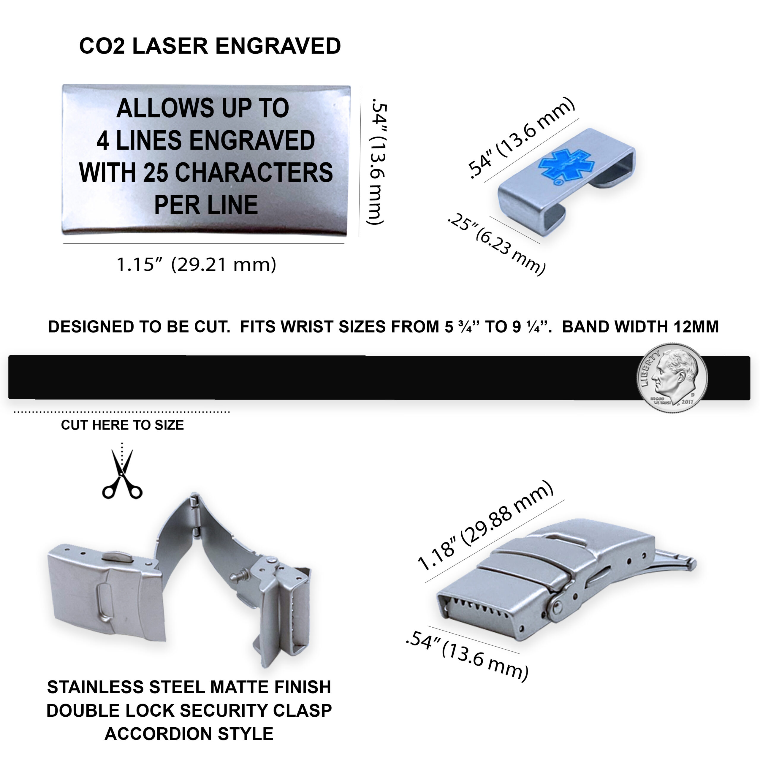 Ultra slim black medical alert bracelet components showing stainless steel engraved ID plate, adjustable silicone band, and secure double lock clasp with included emergency medical card.