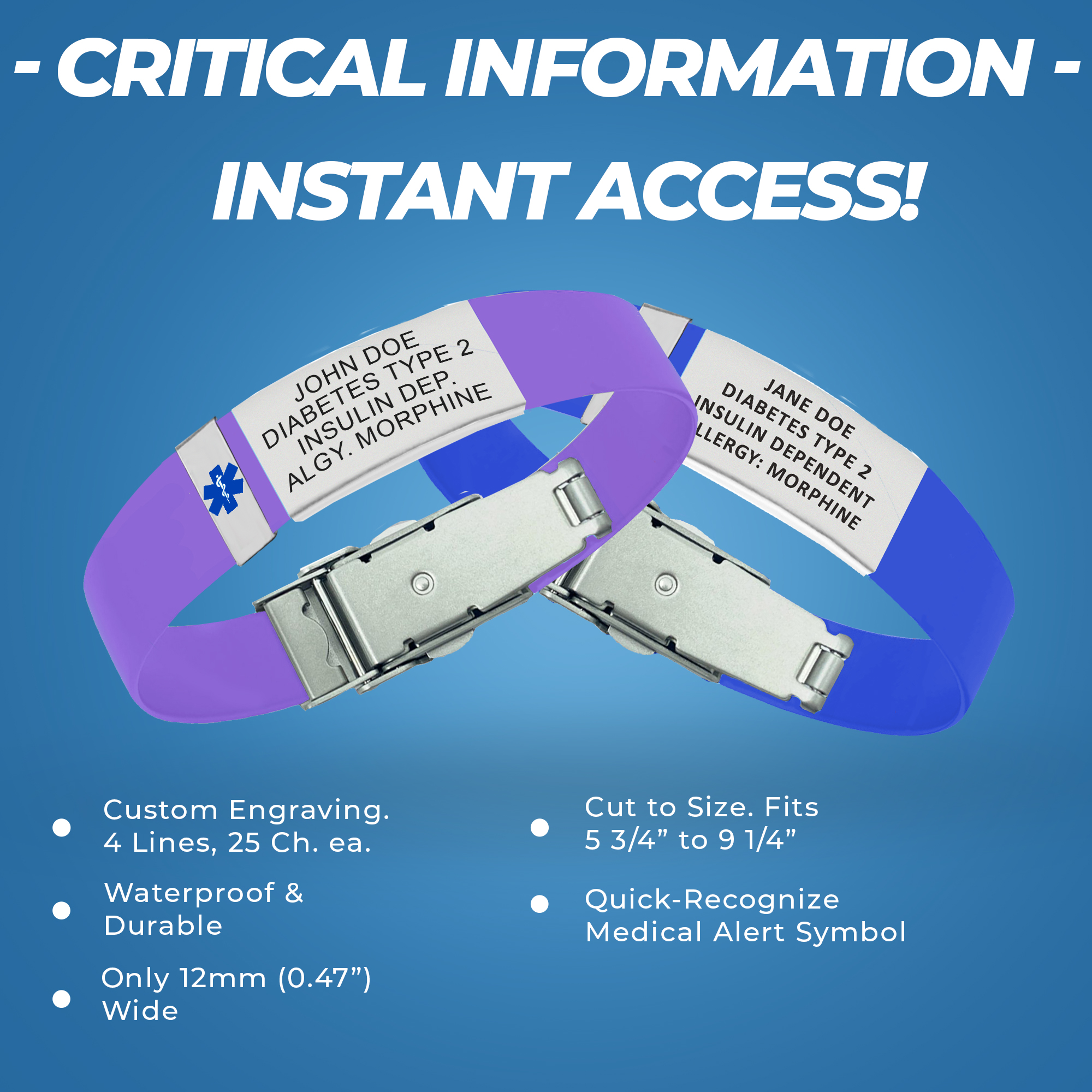 Ultra slim medical alert bracelets in purple and blue with custom engraved stainless steel ID plates highlighting instant access to critical medical information.