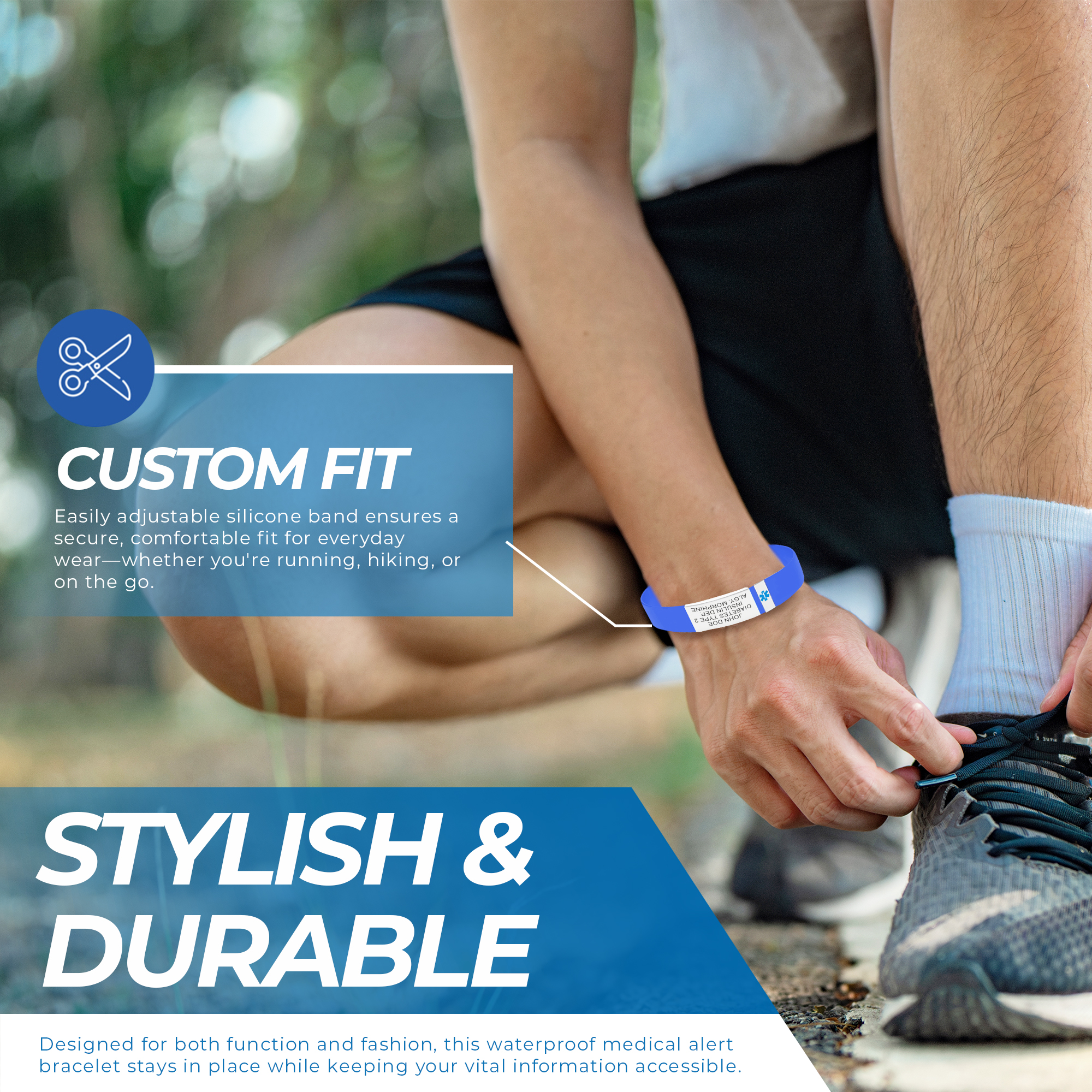 Ultra slim blue medical alert bracelet worn by runner tying shoe, showing adjustable waterproof silicone medical ID band with custom engraved stainless steel plate.
