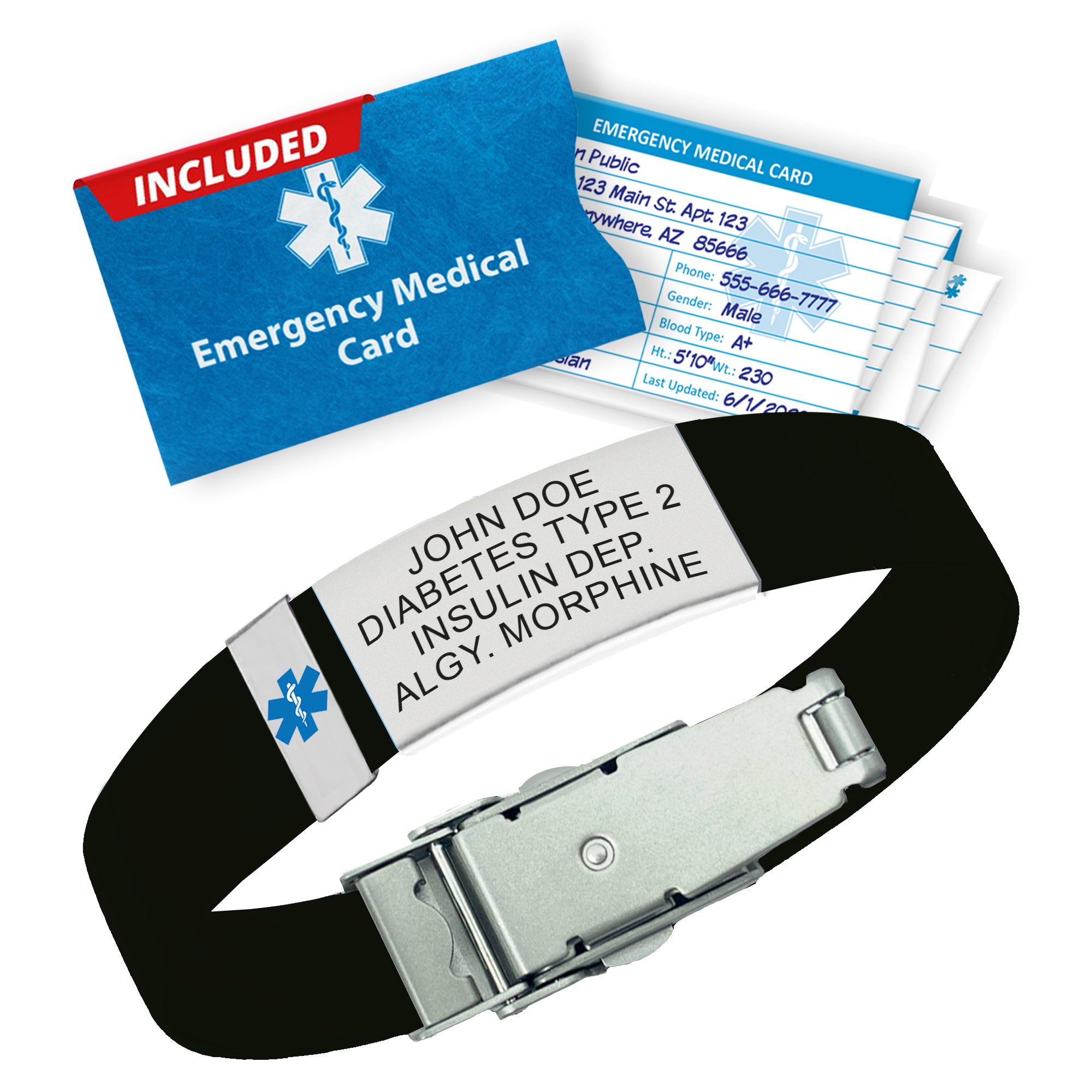 Ultra Slim black medical alert bracelet with engraved stainless steel ID plate showing diabetes information, secure clasp, and included emergency medical card.
