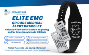 Elite QR EMC medical alert bracelet with QR code tag and custom engraved plate, waterproof silicone medical ID bracelet for emergency health information access