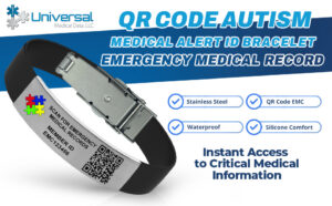 QR code autism medical alert bracelet with stainless steel plate and silicone band providing emergency medical record access