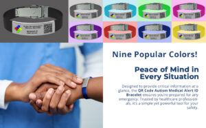 Autism medical ID bracelet available in multiple colors with QR code engraving for emergency medical information access
