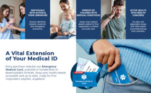 Autism medical ID bracelet with emergency medical card showing QR code access for healthcare and first responders
