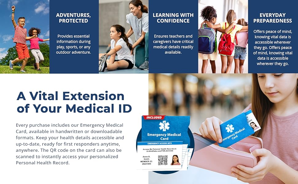 Autism shoe tag lifestyle images showing children playing, school use, and emergency medical card with QR code personal health record access