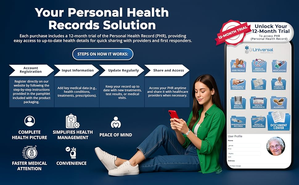 Personal health record mobile app showing QR code medical ID integration with autism shoe tag and emergency medical data access