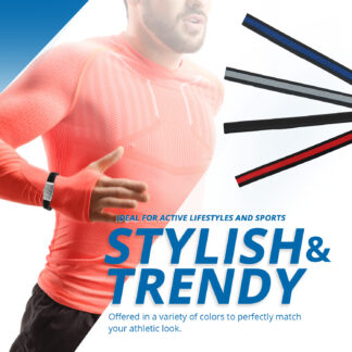 Man running while wearing UltraSlim medical alert bracelet with Greek Keystone design, available in multiple color options for active lifestyles