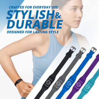 Woman wearing stylish medical alert bracelet with multiple color options including black, gray, blue, purple, and teal silicone medical ID bands
