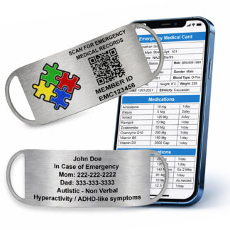 Autism shoe tag medical ID attached to sneaker laces with QR code and puzzle symbol for emergency medical information access