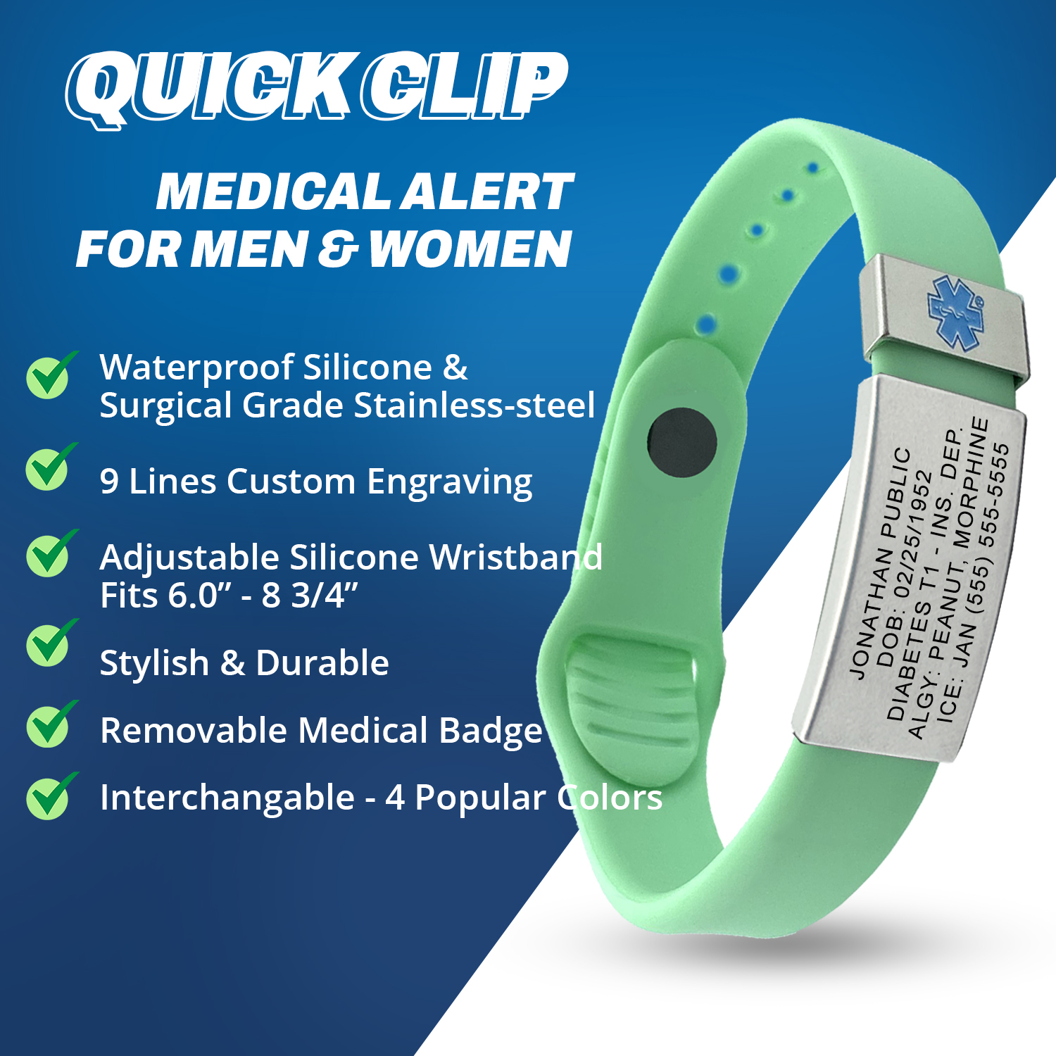 Quick Clip waterproof medical alert bracelet with surgical grade stainless steel engraved plate, removable medical symbol badge, adjustable silicone wristband, and custom medical ID engraving for allergies, medications, and emergency contact information.