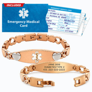 Rose gold ladies heart medical alert bracelet with white Star of Life symbol, rose gold Rod of Asclepius, stainless steel heart accents, engraved medical ID plate, and included emergency medical card.