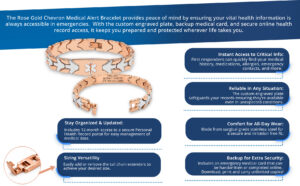 Rose gold chevron medical alert bracelet with removable extender links, custom engraved medical ID plate, emergency medical card, personal health records access, and adjustable stainless steel design for emergency identification and daily wear.