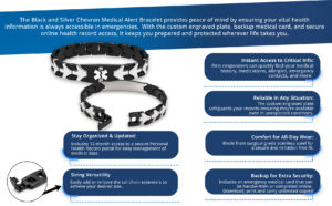 Ladies Chevron Black Medical Alert Bracelet with removable extender links, custom engraved medical ID plate, emergency medical card, personal health record access, and durable stainless steel construction for emergency preparedness.