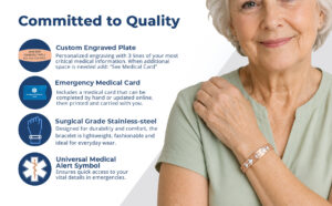 Elderly woman wearing a rose gold chevron medical alert bracelet with stainless steel accents, custom engraved medical ID bracelet, emergency medical card access, personal health records integration, and universal medical alert symbol.
