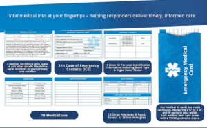 Emergency Medical Card included with the Ladies Chevron Black Medical Alert Bracelet, featuring sections for medical conditions, medications, allergies, emergency contacts, blood type, organ donor status, and personal identification information.