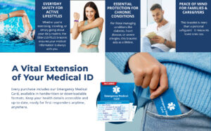 Emergency Medical Card included with the Ladies Chevron Black Medical Alert Bracelet, showing wallet-sized medical information cards and a person carrying the card in a pocket for quick access to emergency health records, medications, allergies, and emergency contacts.