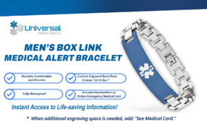 Men’s Box Link Medical Alert Bracelet with blue medical ID plate, stainless steel box links, custom engraving area, waterproof design, emergency medical card access, and Star of Life symbol for emergency identification.