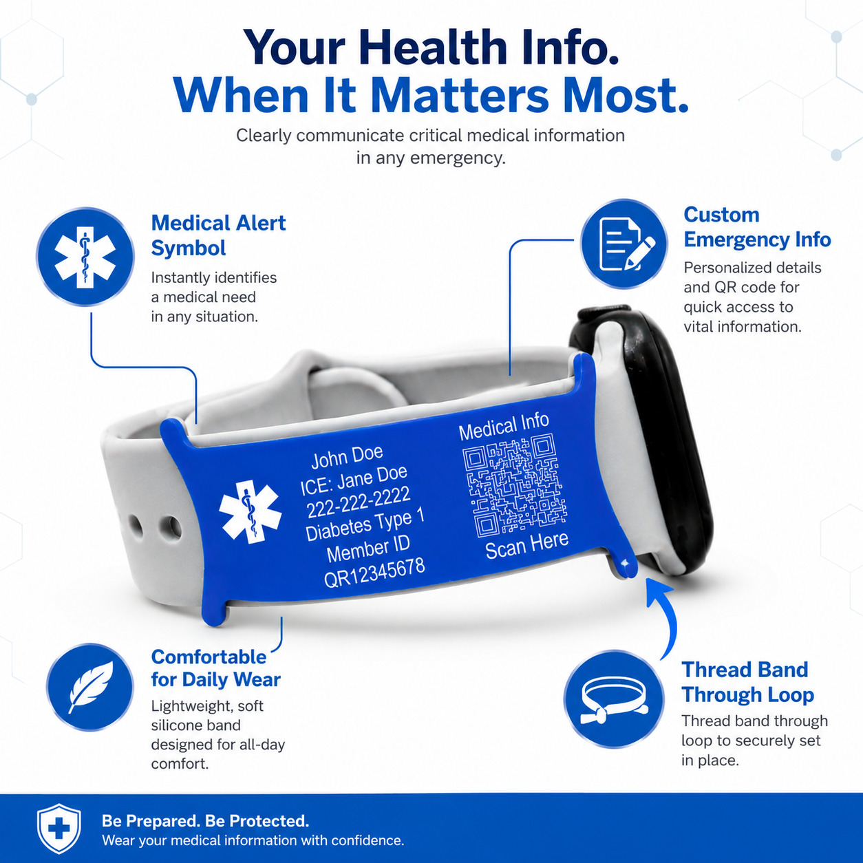 Blue QR Code customized watchband attachment displaying medical alert symbol, personalized emergency information, QR code medical ID, soft silicone design, and secure thread-through loop for smartwatch bands.