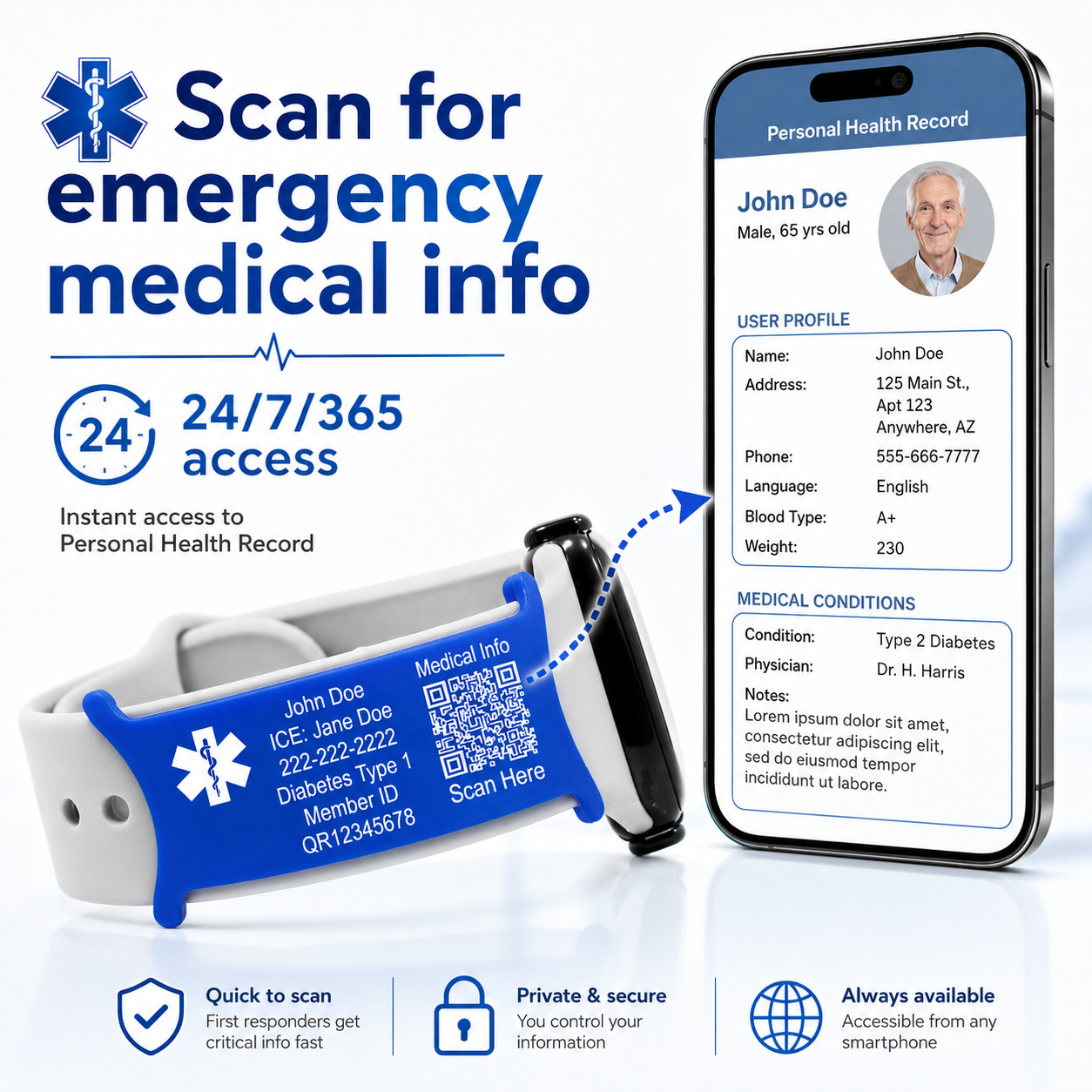 Blue QR Code customized watchband attachment with instant smartphone access to emergency medical information, secure Personal Health Record, QR Code medical bracelet technology, and emergency medical card.