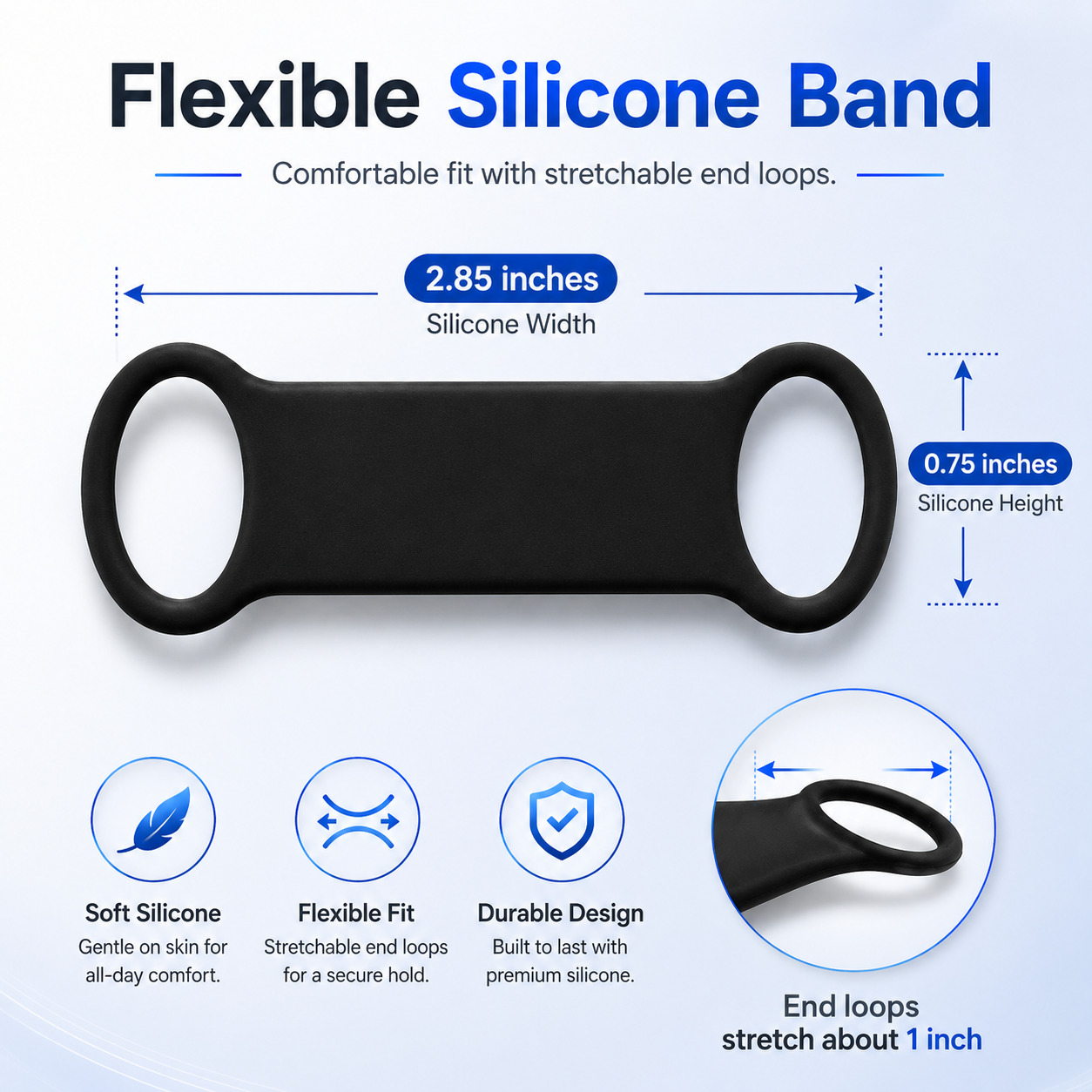 Black silicone QR Code customized watchband attachment showing flexible dimensions of 2.85 inches wide by 0.75 inches tall with stretchable end loops that expand approximately 1 inch for a secure fit on watch bands and fitness trackers.