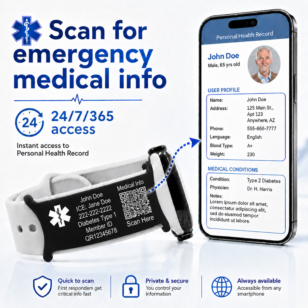 Black QR Code customized watchband attachment displaying a scannable QR code that provides 24/7 access to a secure Personal Health Record, allowing first responders to instantly access emergency medical information from any smartphone.