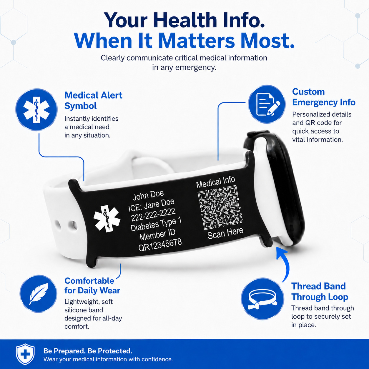 Black QR Code customized watchband attachment showing medical alert symbol, custom emergency information, comfortable silicone design, thread-through loop, and scannable QR code for instant access to Personal Health Records and emergency medical information.
