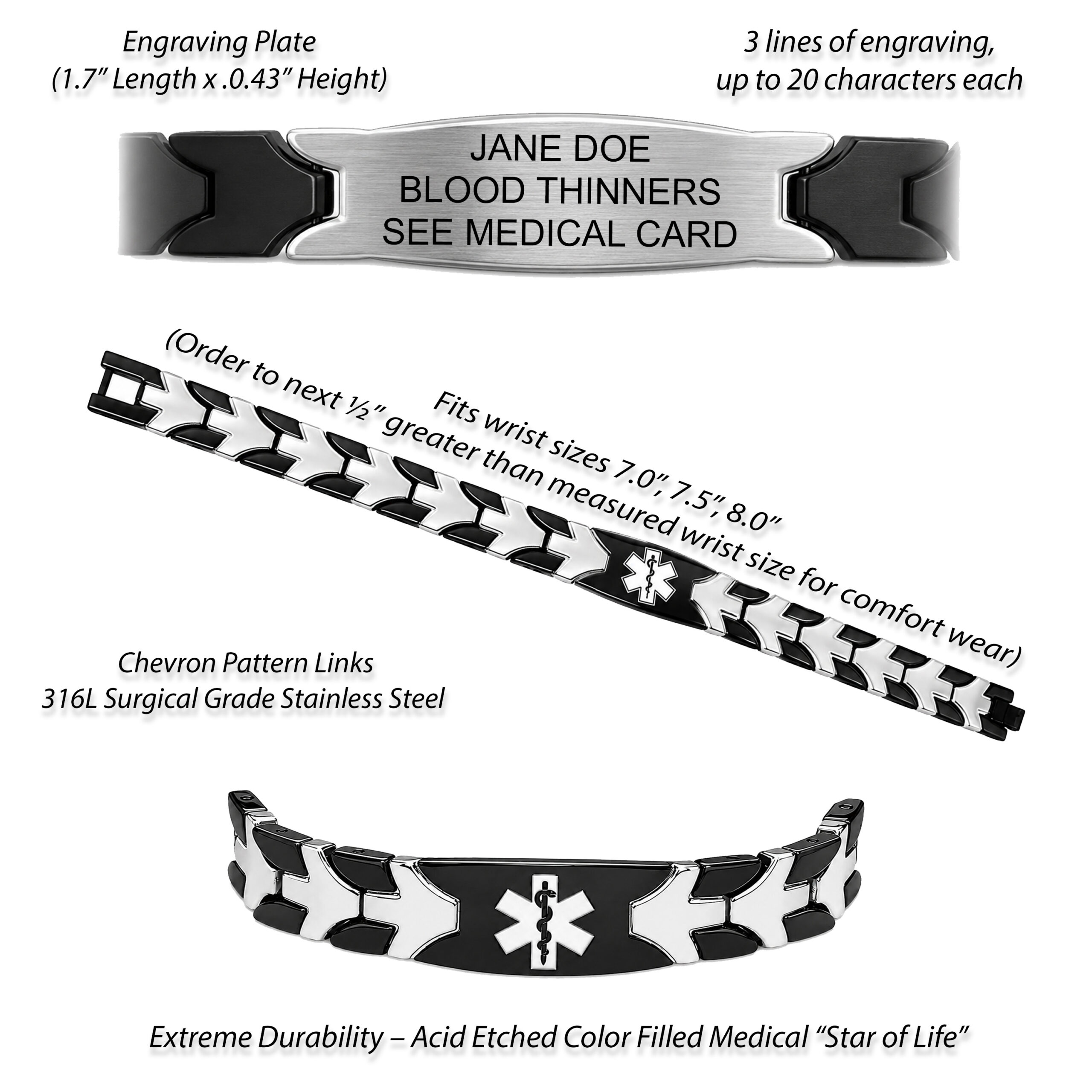 Black and silver Ladies Chevron Medical Alert Bracelet featuring polished stainless steel chevron links, a brushed stainless steel engraving plate with three lines of custom medical information, universal medical alert symbol, adjustable sizing options, and durable 316L surgical-grade stainless steel construction.