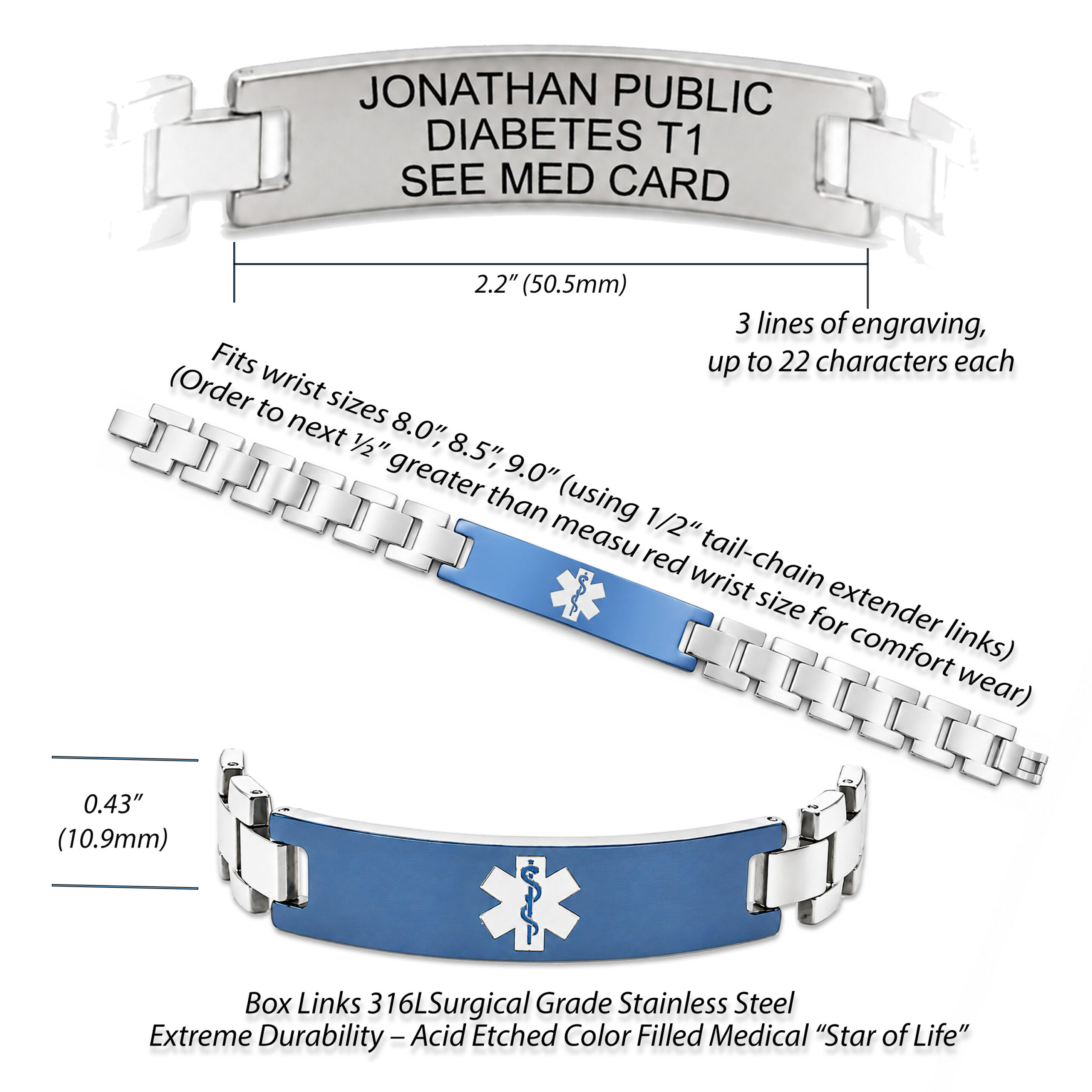 Men’s stainless steel box link medical alert bracelet with blue engraved medical ID plate, Star of Life symbol, custom engraving area, sizing information, and durable 316L surgical grade stainless steel construction.
