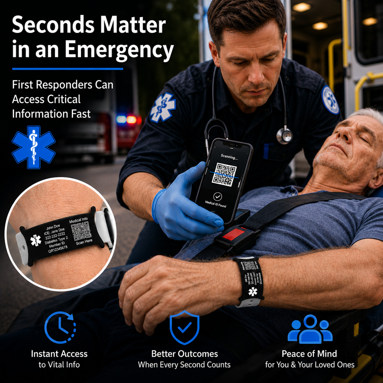 Paramedic scans a QR Code medical alert bracelet worn by an unconscious patient on a stretcher, providing instant access to emergency medical information through a secure Personal Health Record.