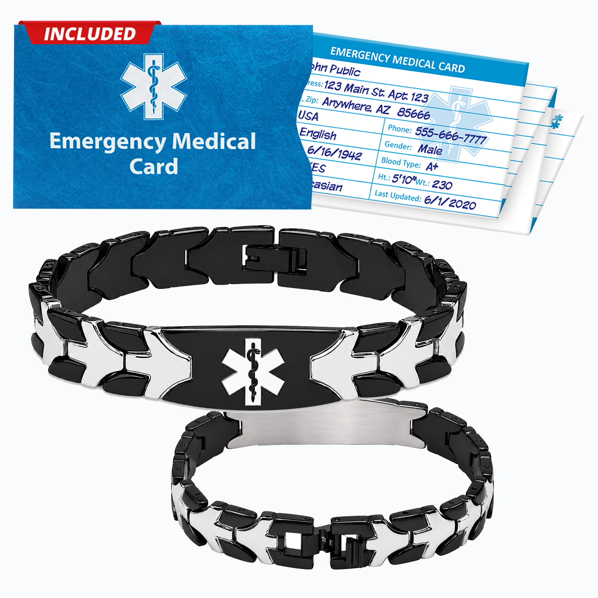 Black and stainless steel Ladies Chevron Medical Alert Bracelet with front and back views, custom engraving plate, emergency medical card included, medical ID bracelet featuring personal health record access and emergency medical information storage.