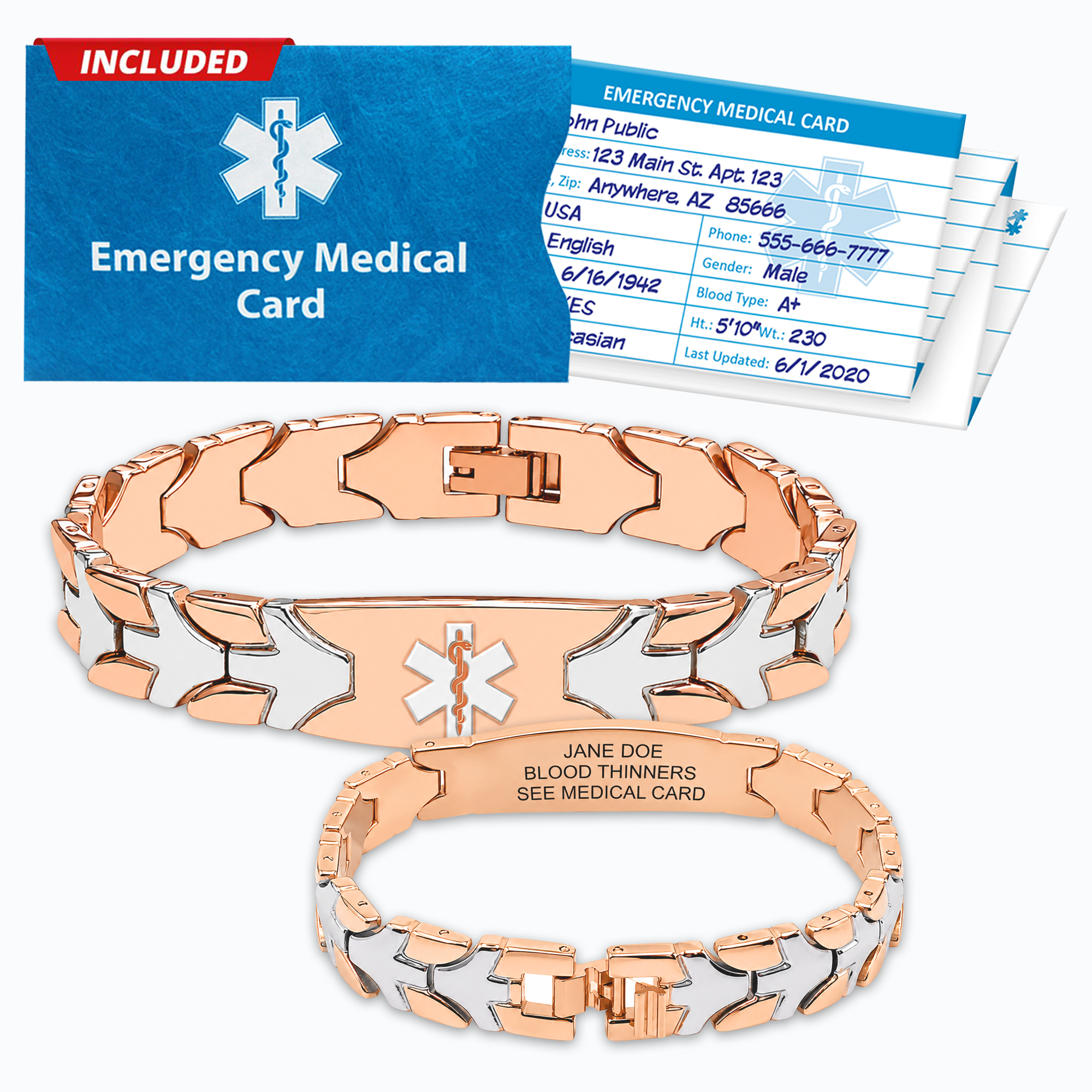 Rose gold and stainless steel Ladies Chevron Medical Alert Bracelet set featuring front and back views, custom engraving area, emergency medical card included, medical ID bracelet with personal health record access and emergency medical information storage.