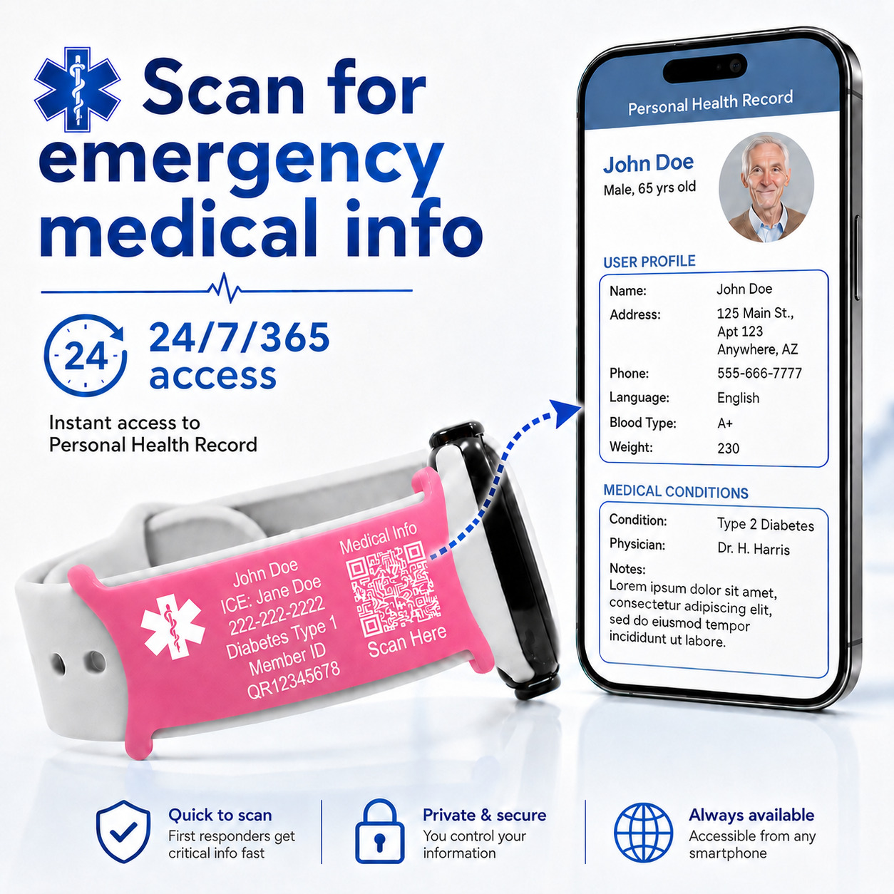 Pink QR Code customized watchband attachment with scannable QR code, emergency medical information, Personal Health Record access, electronic medical records, and smartphone-compatible medical ID bracelet technology.