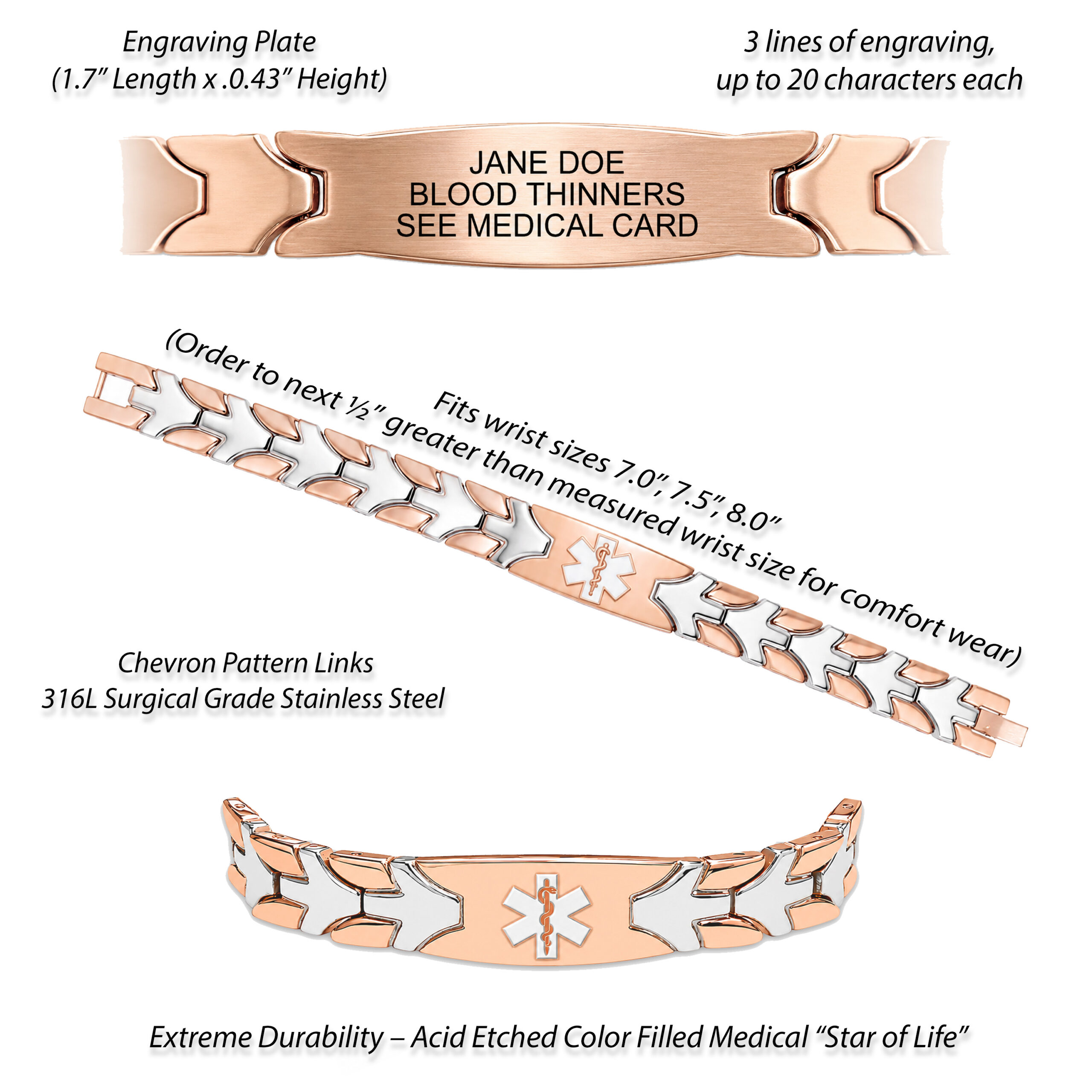 Rose gold Ladies Chevron Medical Alert Bracelet featuring polished stainless steel chevron links, a brushed rose gold engraving plate with three lines of custom medical information, adjustable sizing options, universal medical alert symbol, and durable 316L surgical-grade stainless steel construction.