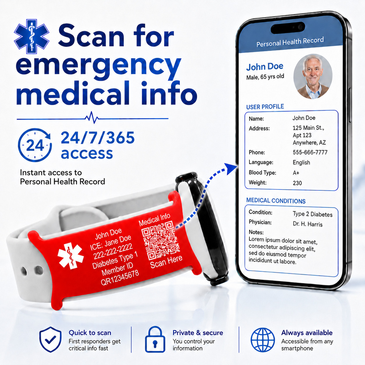 Red QR Code customized watchband attachment featuring instant QR code access to emergency medical information, Personal Health Record, medical ID bracelet technology, emergency medical card, and secure electronic medical records.