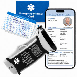 Black QR Code customized watchband attachment displayed with an emergency medical card and smartphone showing a Personal Health Record. Custom engraved medical ID bracelet attachment provides instant access to emergency medical information through a scannable QR code.