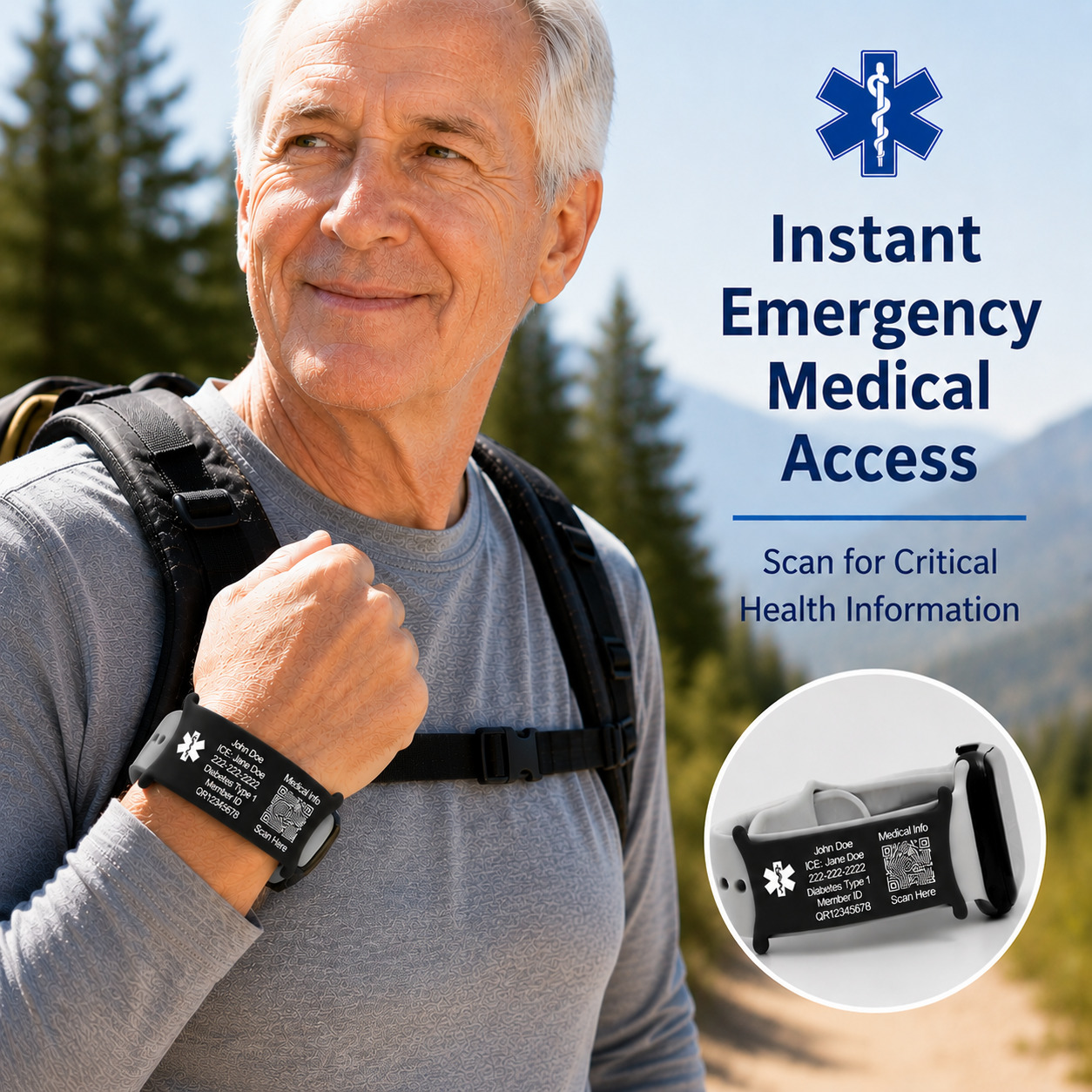 Older man hiking outdoors while wearing a black QR Code customized watchband attachment with custom engraved medical information. The medical ID bracelet provides instant emergency medical access through a scannable QR code linked to a secure Personal Health Record.